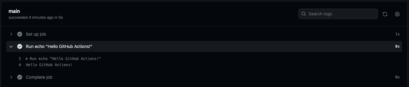 The "Hello GitHub Actions" message is printed in the logs